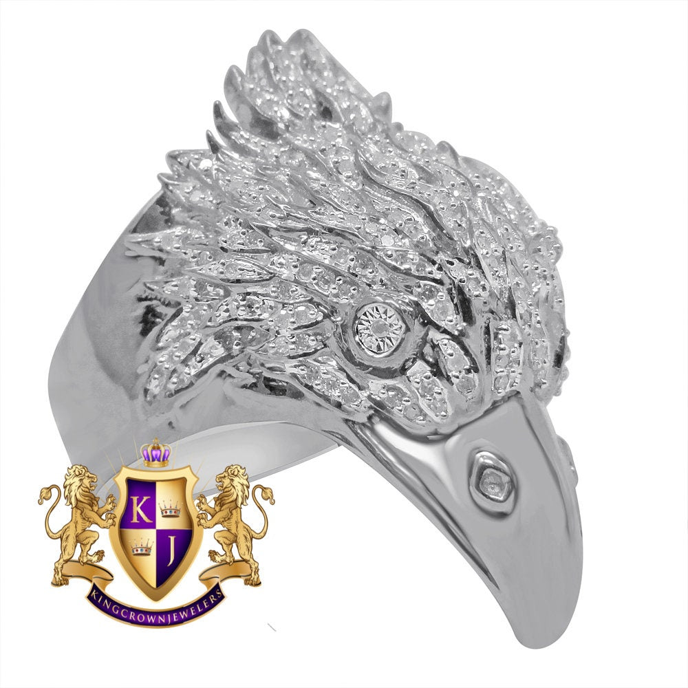 Real Genuine Authentic Diamond Mens American Eagle Falcon Bird White Gold Finish Ring Pinky Band