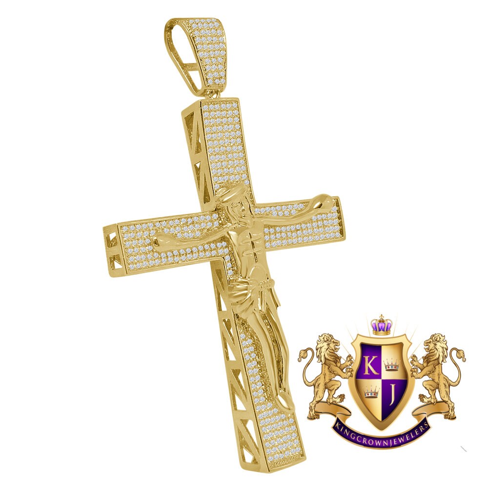 Big XL 4.25'' Custom Piece AAA+ Cubic Zirconia Yellow Gold Tone Jesus Crucifix Cross Charm Pendent