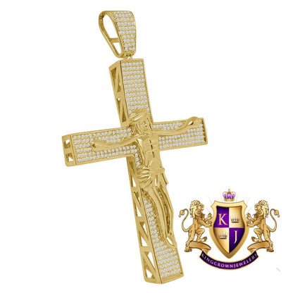 Big XL 4.25'' Custom Piece AAA+ Cubic Zirconia Yellow Gold Tone Jesus Crucifix Cross Charm Pendent