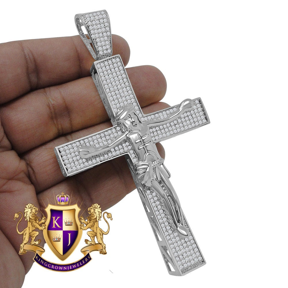 Big XL 4.25'' Custom Piece AAA+ Cubic Zirconia White Gold Tone Jesus Crucifix Cross Charm Pendent