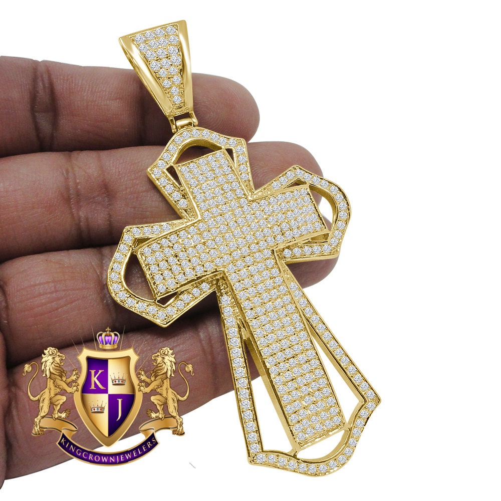 Big 3.5'' 14K Yellow Gold Finish Simulated Diamond Jesus Cross Custom Designer Charm Pendent