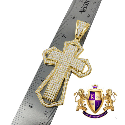 Big 3.5'' 14K Yellow Gold Finish Simulated Diamond Jesus Cross Custom Designer Charm Pendent
