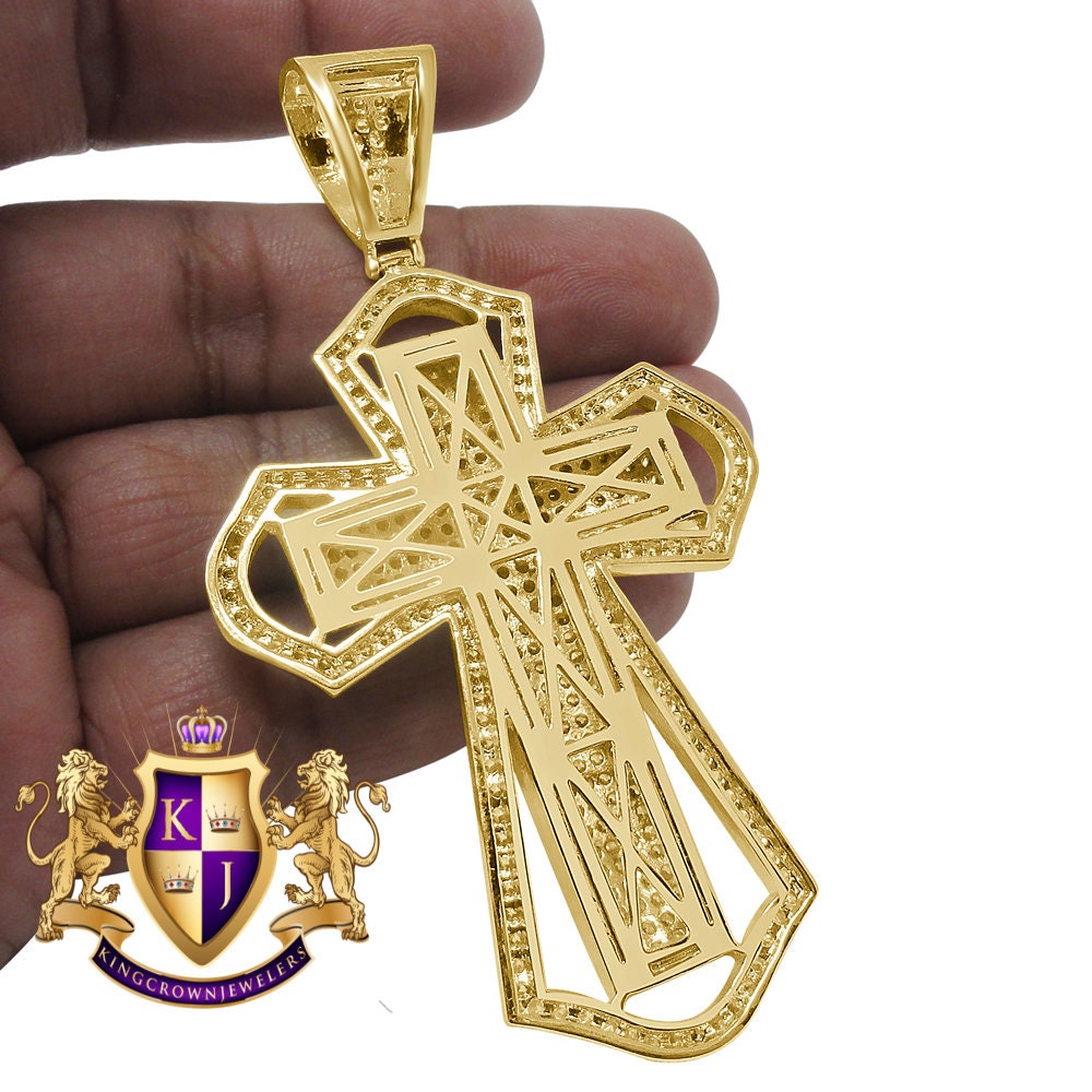 Big 3.5'' 14K Yellow Gold Finish Simulated Diamond Jesus Cross Custom Designer Charm Pendent