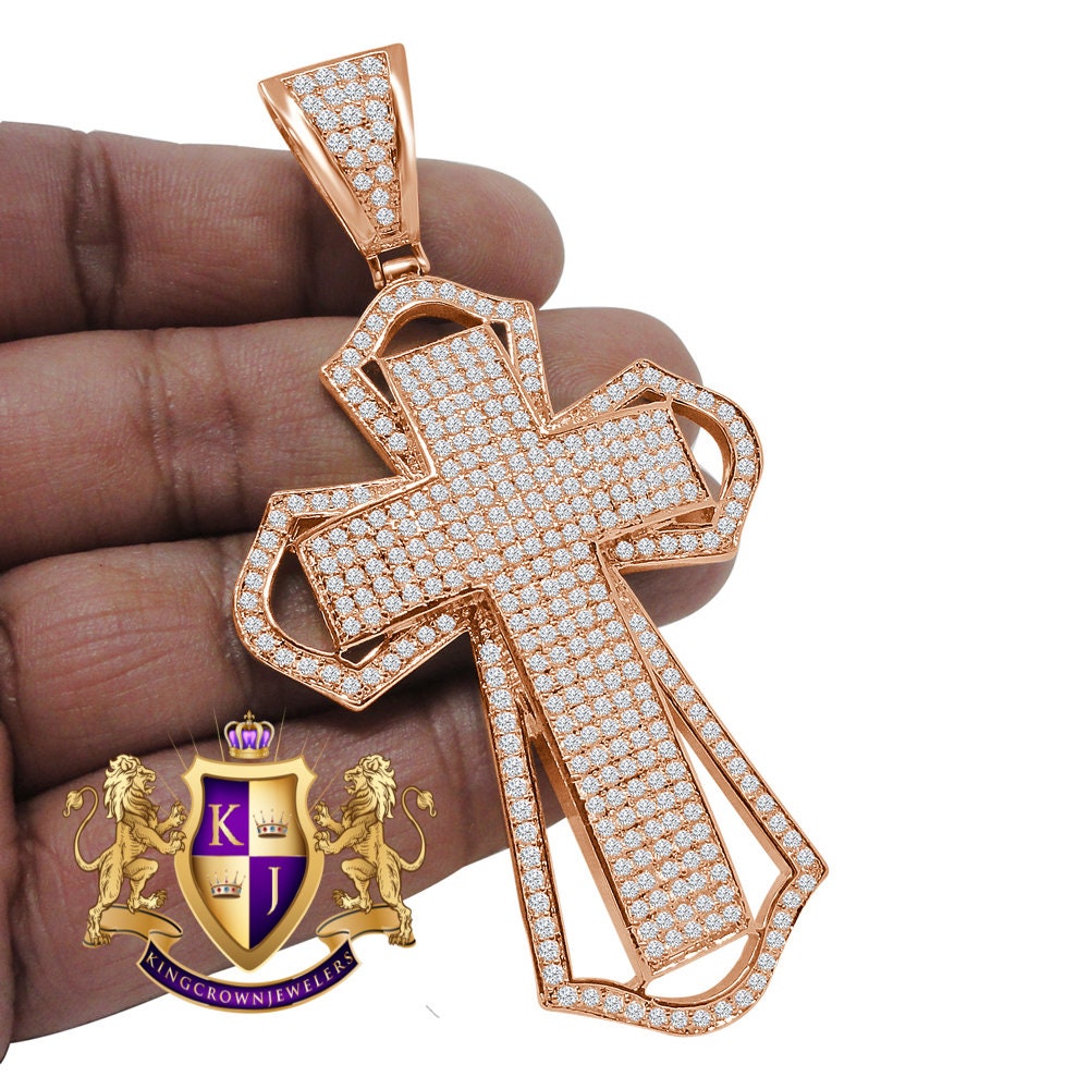 Big 3.5'' 14K Rose Gold Finish Simulated Diamond Jesus Cross Custom Designer Charm Pendent