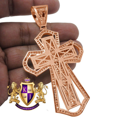 Big 3.5'' 14K Rose Gold Finish Simulated Diamond Jesus Cross Custom Designer Charm Pendent