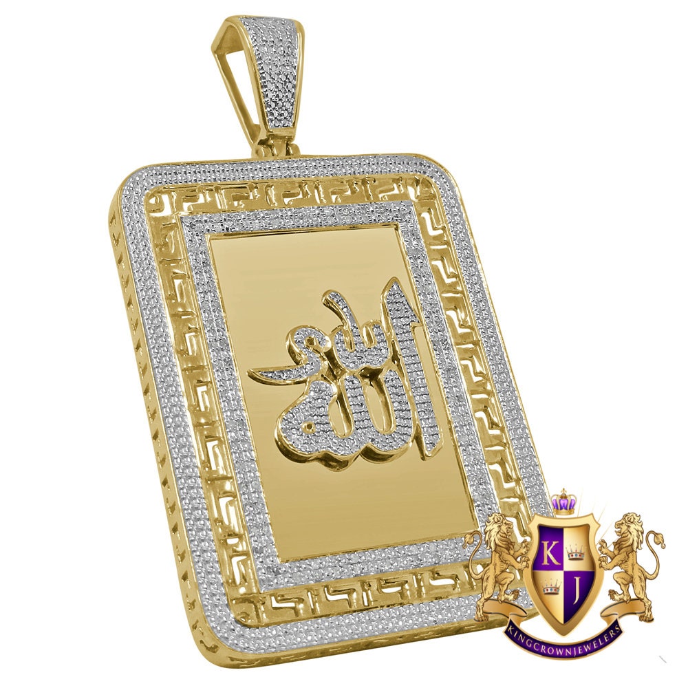Real Genuine Authentic Diamond 28+ Grams Allah God Muslim Arabic Islamic Greek Frame Style Pendent 10K Solid Gold Finish Charm Big 2.75''