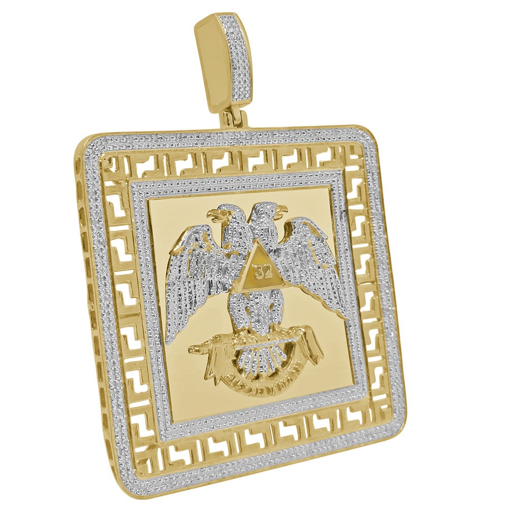 Men's Real Genuine Diamond Scottish Rite 32nd Degree Masonic Eagle Freemason Frame Style Pendent Charm 2.75''