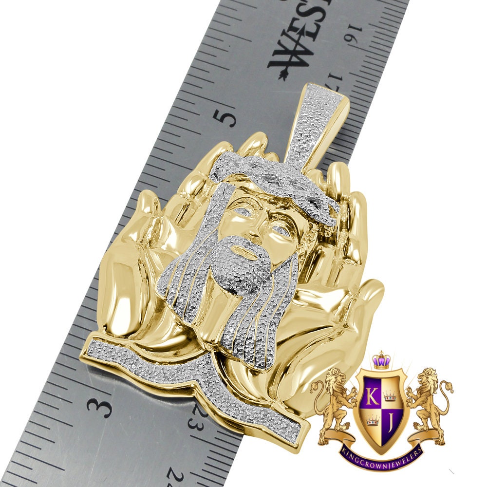 Real Genuine Diamond Praying Hands Jesus Face Piece Custom Pendent 10K Gold Finish Over Charm 32+ Grams