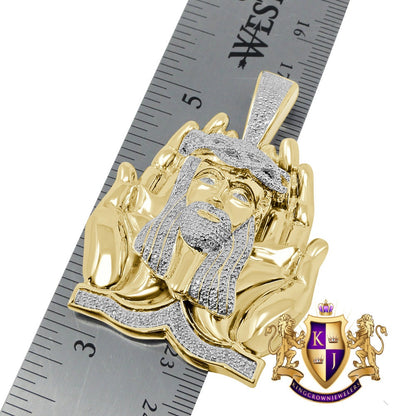 Real Genuine Diamond Praying Hands Jesus Face Piece Custom Pendent 10K Gold Finish Over Charm 32+ Grams