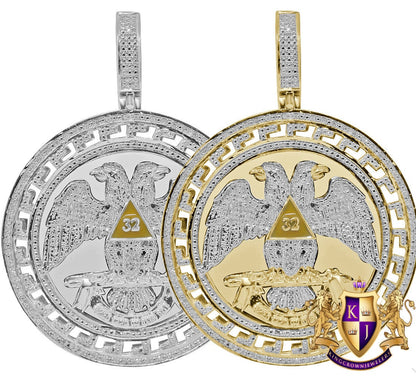 Real Genuine Diamond Scottish Rite 32nd Degree Masonic Eagle Freemason Round Greek Pendent Charm 2.60''