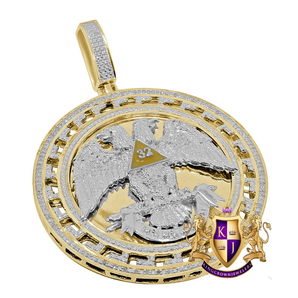 Real Genuine Diamond Scottish Rite 32nd Degree Masonic Eagle Freemason Round Greek Pendent Charm 2.60''