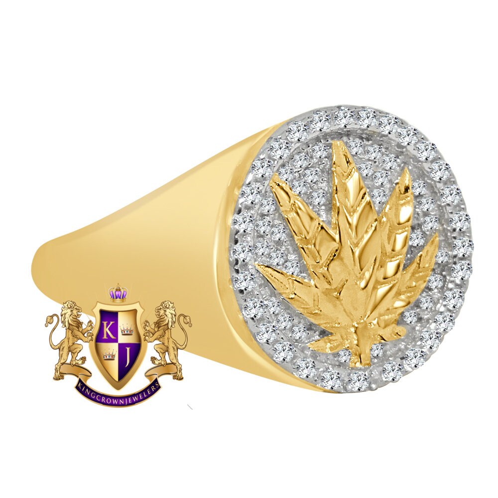 Men's 10K Yellow Gold Over Real Genuine Sterling Silver Weed Marijuana Leaf Plant Ring Band