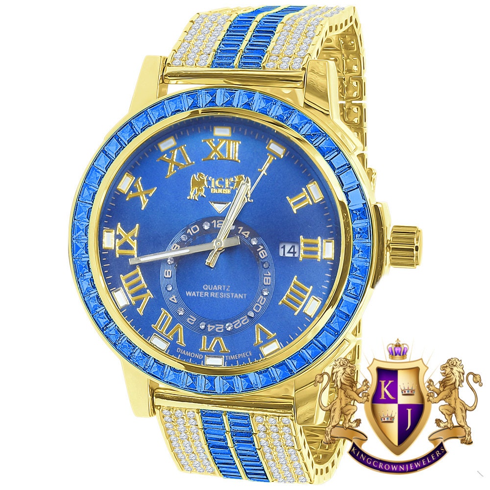 Men's Yellow Gold Tone Sapphire Blue Solid Steel Baguette-Steel Bezel Simulated Diamond Adjustable Band Watch W/Date