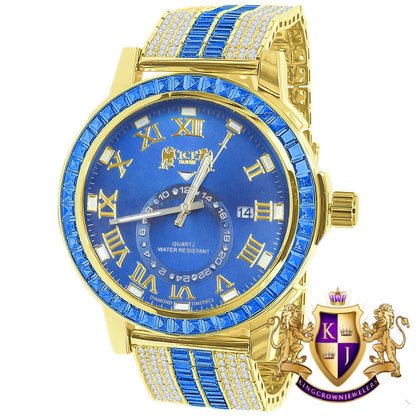Men's Yellow Gold Tone Sapphire Blue Solid Steel Baguette-Steel Bezel Simulated Diamond Adjustable Band Watch W/Date