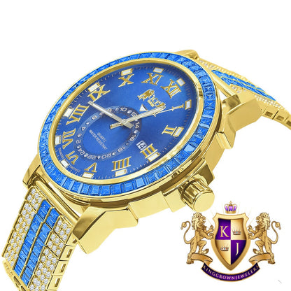 Men's Yellow Gold Tone Sapphire Blue Solid Steel Baguette-Steel Bezel Simulated Diamond Adjustable Band Watch W/Date