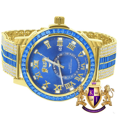 Men's Yellow Gold Tone Sapphire Blue Solid Steel Baguette-Steel Bezel Simulated Diamond Adjustable Band Watch W/Date