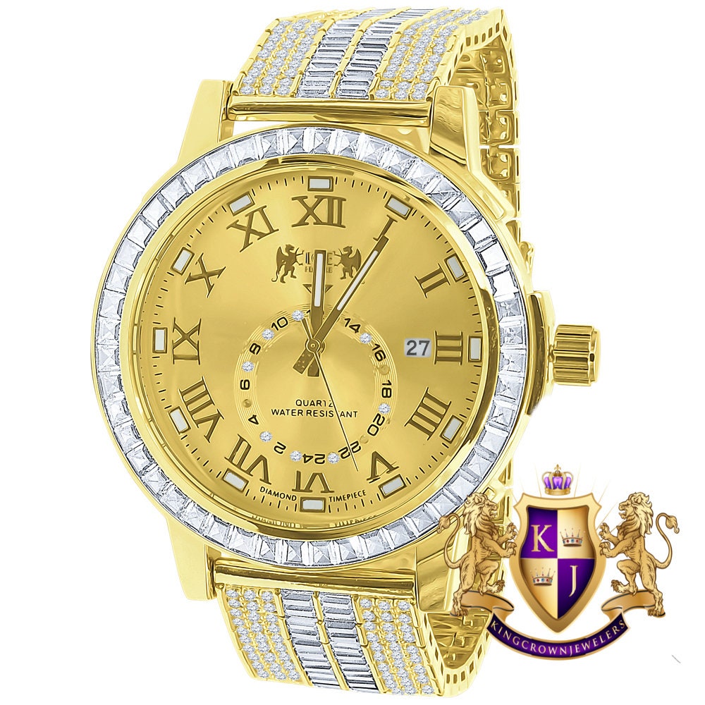 Men's 14K Yellow Gold Finish Solid Steel Baguette-Steel Bezel Simulated Diamond Adjustable Band Watch W/Date
