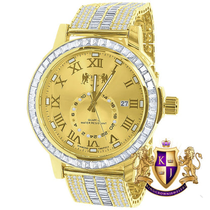 Men's 14K Yellow Gold Finish Solid Steel Baguette-Steel Bezel Simulated Diamond Adjustable Band Watch W/Date