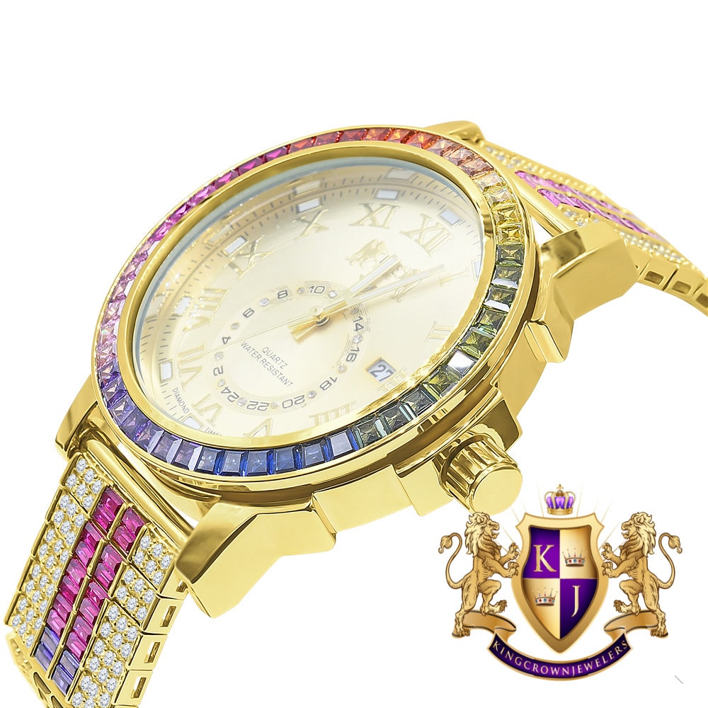 Multi Rainbow Yellow Gold Tone Solid Steel Stainless Baguette  Bezel Simulated Diamond Adjustable Band Watch W/Date