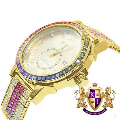 Multi Rainbow Yellow Gold Tone Solid Steel Stainless Baguette  Bezel Simulated Diamond Adjustable Band Watch W/Date