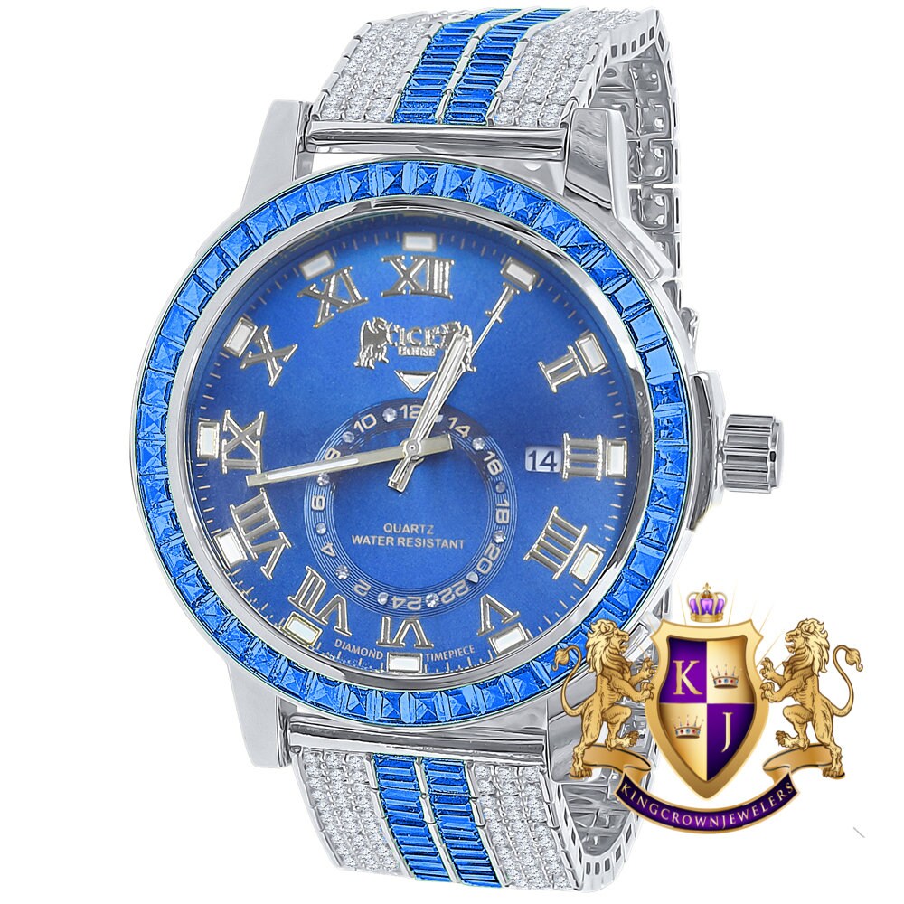 Men's Blue Sapphire Dial 18K White Gold Finish Baguette Simulated Diamond Custom Luxury Watch W/Date