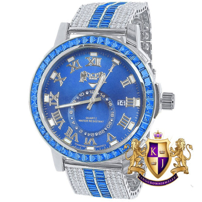 Men's Blue Sapphire Dial 18K White Gold Finish Baguette Simulated Diamond Custom Luxury Watch W/Date
