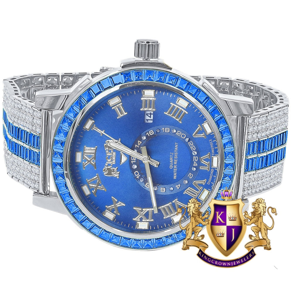 Men's Blue Sapphire Dial 18K White Gold Finish Baguette Simulated Diamond Custom Luxury Watch W/Date