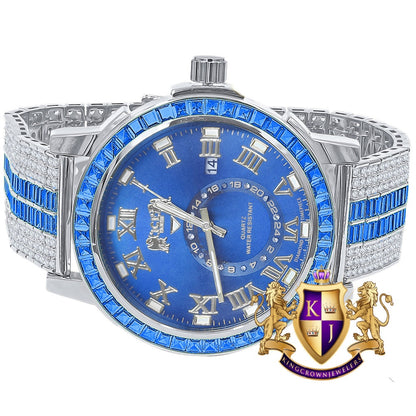 Men's Blue Sapphire Dial 18K White Gold Finish Baguette Simulated Diamond Custom Luxury Watch W/Date