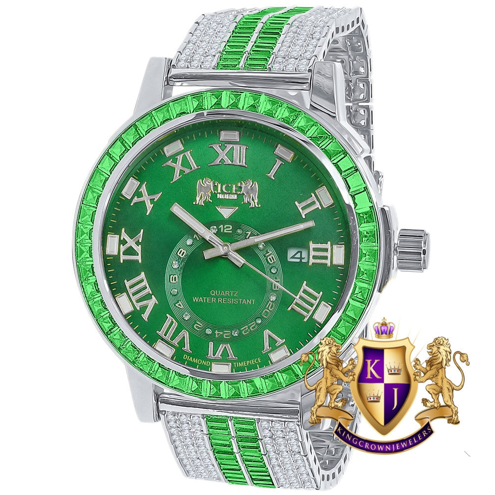 Men's Green Emerald Dial 18K White Gold Finish Baguette Simulated Diamond Custom Luxury Watch W/Date