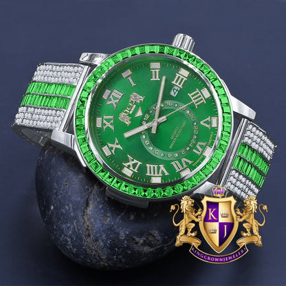 Men's Green Emerald Dial 18K White Gold Finish Baguette Simulated Diamond Custom Luxury Watch W/Date
