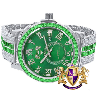 Men's Green Emerald Dial 18K White Gold Finish Baguette Simulated Diamond Custom Luxury Watch W/Date