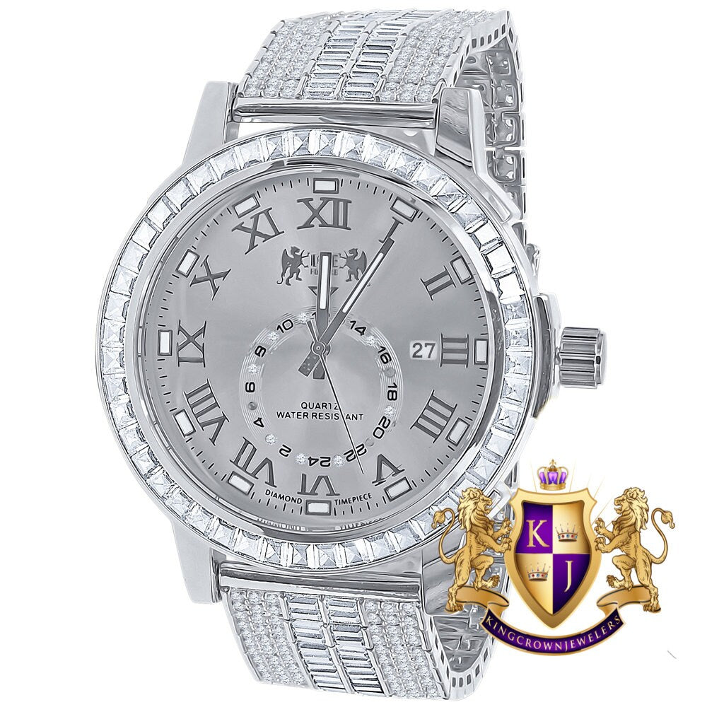 Men's 14K White Gold Finish Solid Steel Baguette-Steel Bezel Simulated Diamond Adjustable Band Watch W/Date
