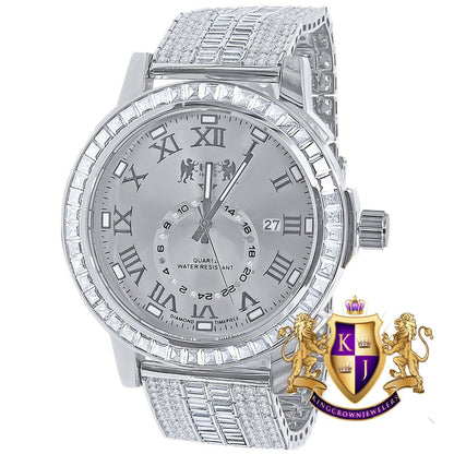 Men's 14K White Gold Finish Solid Steel Baguette-Steel Bezel Simulated Diamond Adjustable Band Watch W/Date