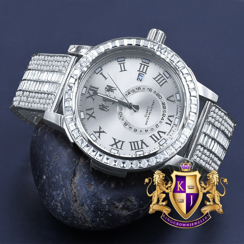 Men's 14K White Gold Finish Solid Steel Baguette-Steel Bezel Simulated Diamond Adjustable Band Watch W/Date