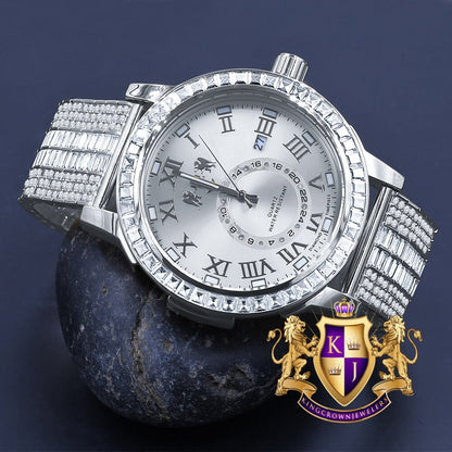 Men's 14K White Gold Finish Solid Steel Baguette-Steel Bezel Simulated Diamond Adjustable Band Watch W/Date