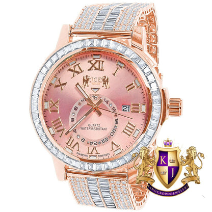 Pink Dial 14K Rose Gold Finish Solid Steel Baguette-Steel Bezel Simulated Diamond Adjustable Band Men's Watch W/Date