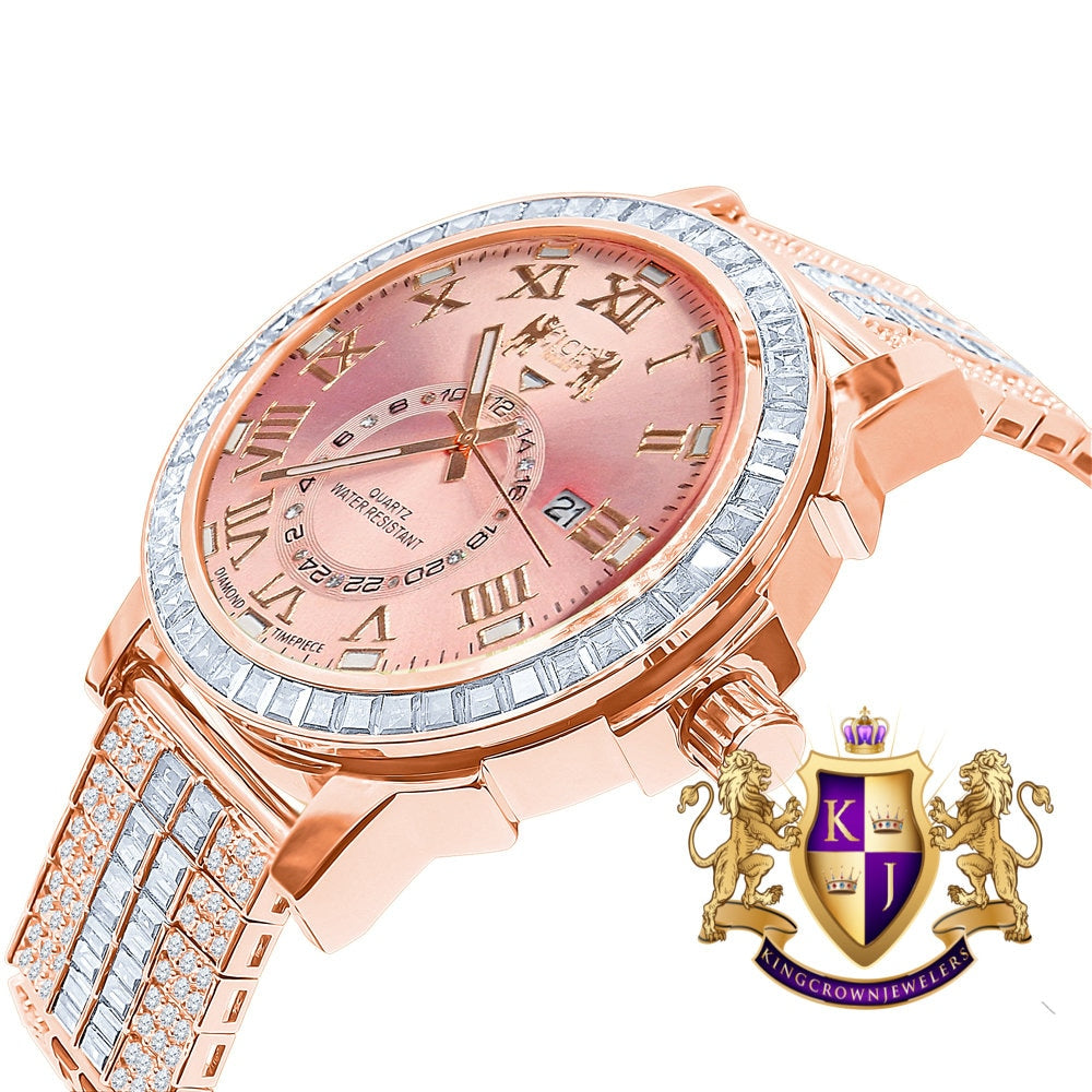 Pink Dial 14K Rose Gold Finish Solid Steel Baguette-Steel Bezel Simulated Diamond Adjustable Band Men's Watch W/Date