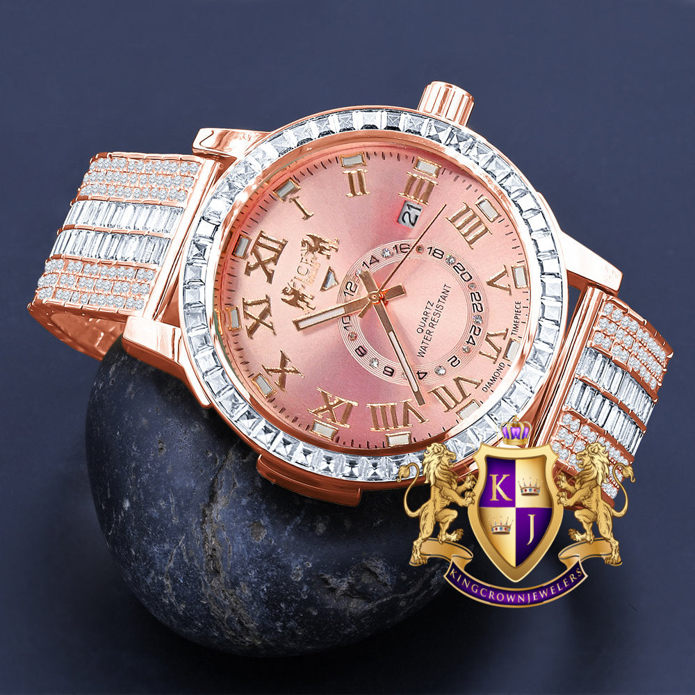 Pink Dial 14K Rose Gold Finish Solid Steel Baguette-Steel Bezel Simulated Diamond Adjustable Band Men's Watch W/Date