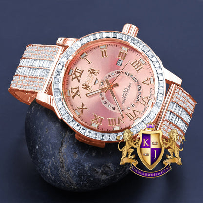 Pink Dial 14K Rose Gold Finish Solid Steel Baguette-Steel Bezel Simulated Diamond Adjustable Band Men's Watch W/Date