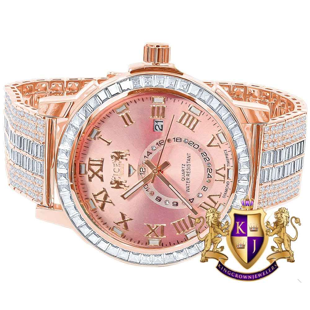 Pink Dial 14K Rose Gold Finish Solid Steel Baguette-Steel Bezel Simulated Diamond Adjustable Band Men's Watch W/Date