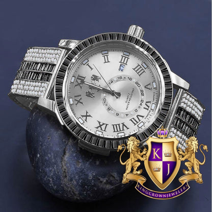 Onyx Black Men's 14K White Gold Finish Solid Steel Baguette-Steel Bezel Simulated Diamond Adjustable Band Watch W/Date