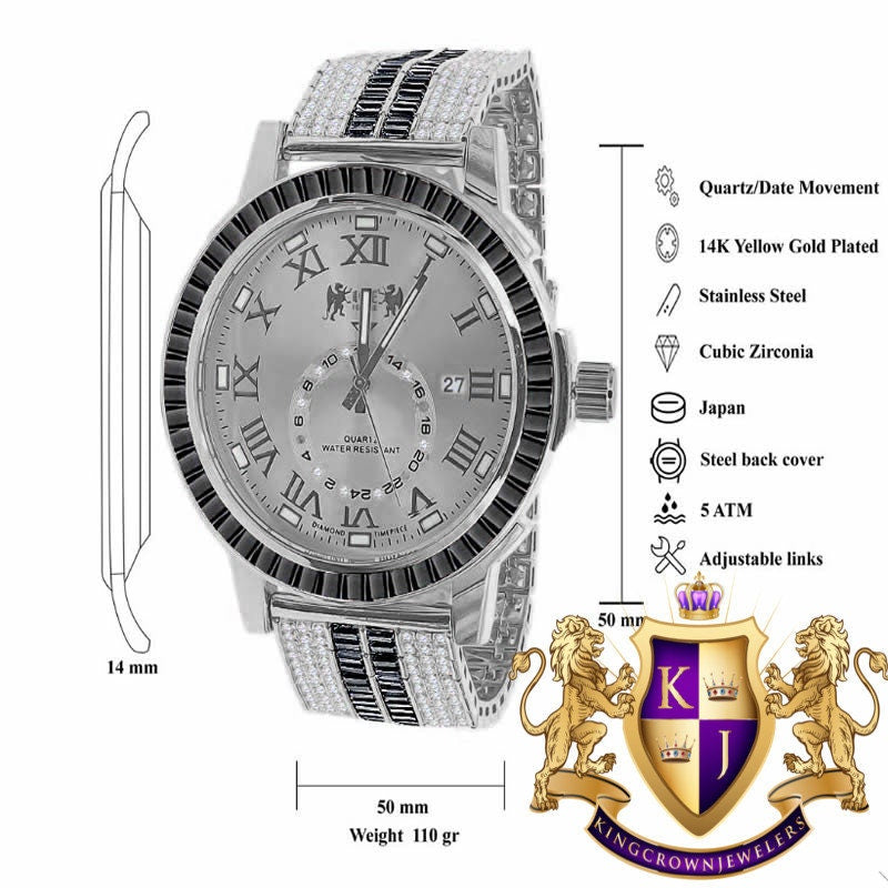 Onyx Black Men's 14K White Gold Finish Solid Steel Baguette-Steel Bezel Simulated Diamond Adjustable Band Watch W/Date