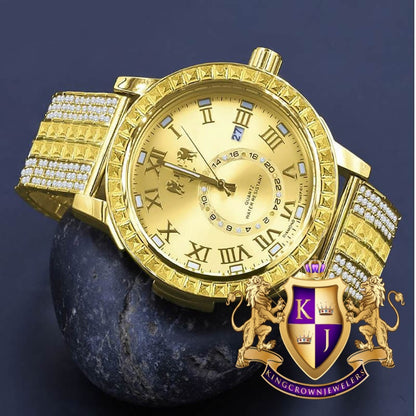 Canary Citrine Men's Gold Tone Solid Steel Baguette-Steel Bezel Simulated Diamond Adjustable Band Watch W/Date