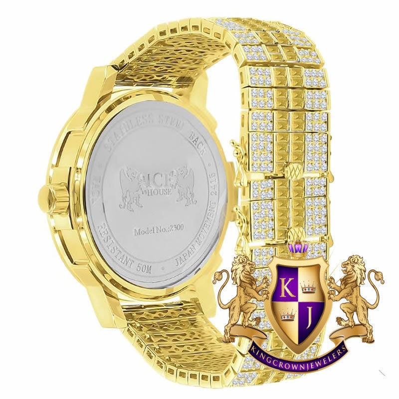 Canary Citrine Men's Gold Tone Solid Steel Baguette-Steel Bezel Simulated Diamond Adjustable Band Watch W/Date