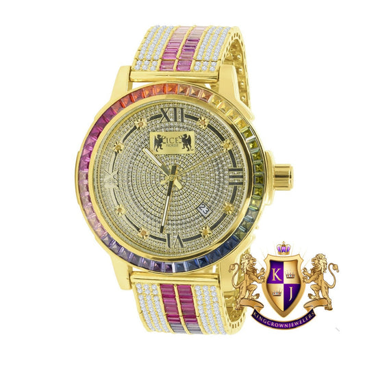 18K Yellow Gold Finish Solid Steel Iced Out Bezel Real Diamond Dial Multi Tone Rainbow Mens Custom Band Watch W/Date