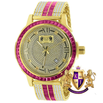 Buby Red Mens Genuine Diamond Dial Stainless Steel Custom Bezel Gold Tone Adjustable Band Watch W/Date
