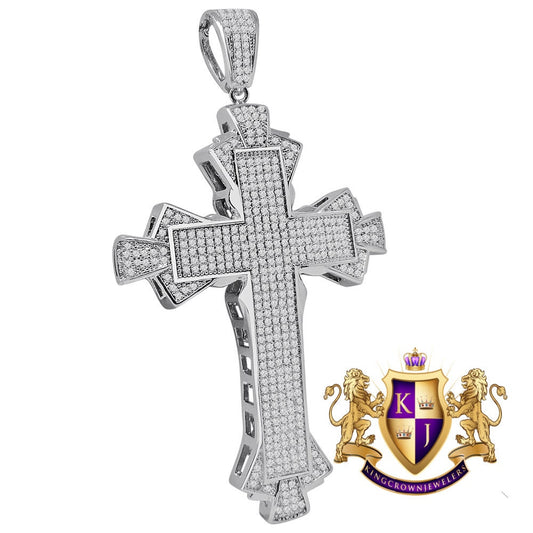14K White Gold Finish Simulated Diamond Jesus Cross Custom Designer Charm Pendent Big 3.5''