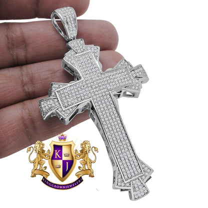 14K White Gold Finish Simulated Diamond Jesus Cross Custom Designer Charm Pendent Big 3.5''