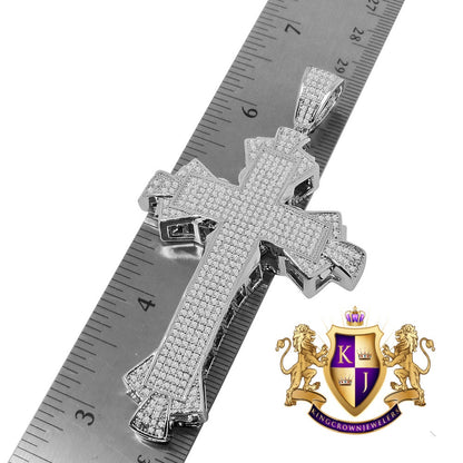 14K White Gold Finish Simulated Diamond Jesus Cross Custom Designer Charm Pendent Big 3.5''