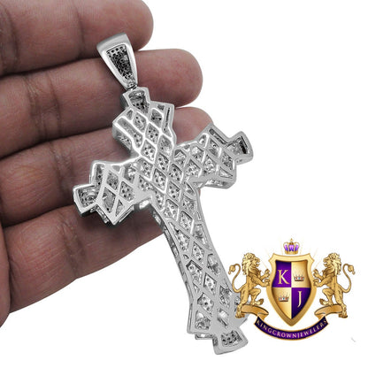 14K White Gold Finish Simulated Diamond Jesus Cross Custom Designer Charm Pendent Big 3.5''